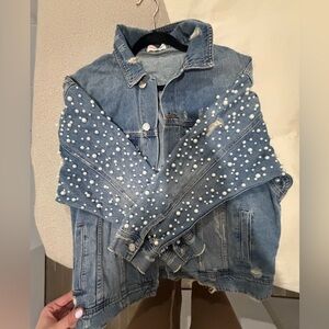 Sunset + Spring Pearl Embellished Blue Denim Jacket
